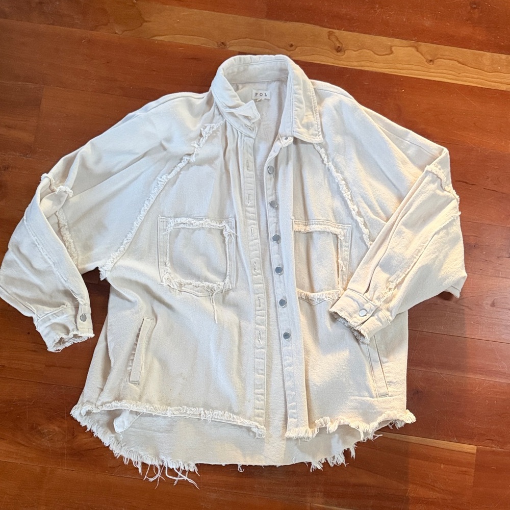 POL Cream Oversized Fringe-Trim Jean Jacket